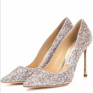 Jimmy Choo Romy 100 Camellia Silver Glitter Heels